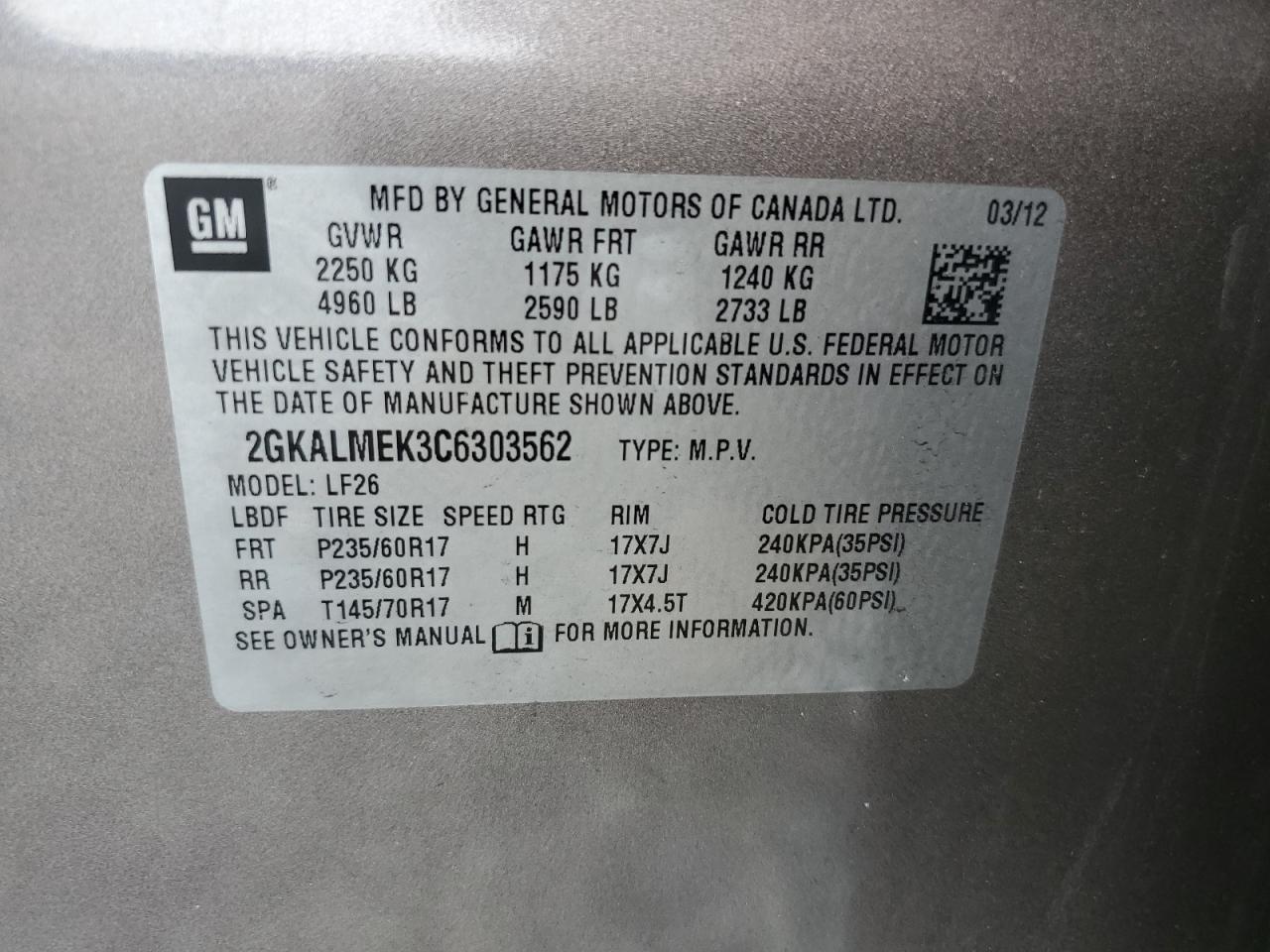 2012 GMC Terrain Sle VIN: 2GKALMEK3C6303562 Lot: 65528115