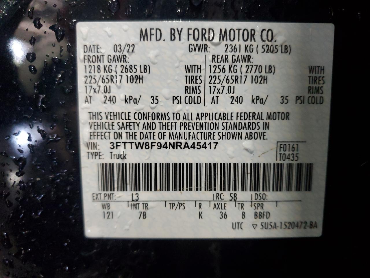 2022 Ford Maverick Xl VIN: 3FTTW8F94NRA45417 Lot: 64565835