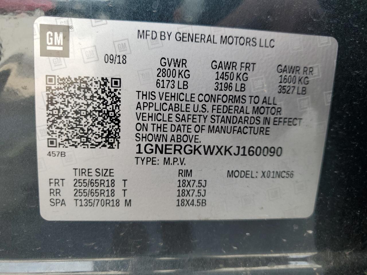 2019 Chevrolet Traverse Lt VIN: 1GNERGKWXKJ160090 Lot: 64188095