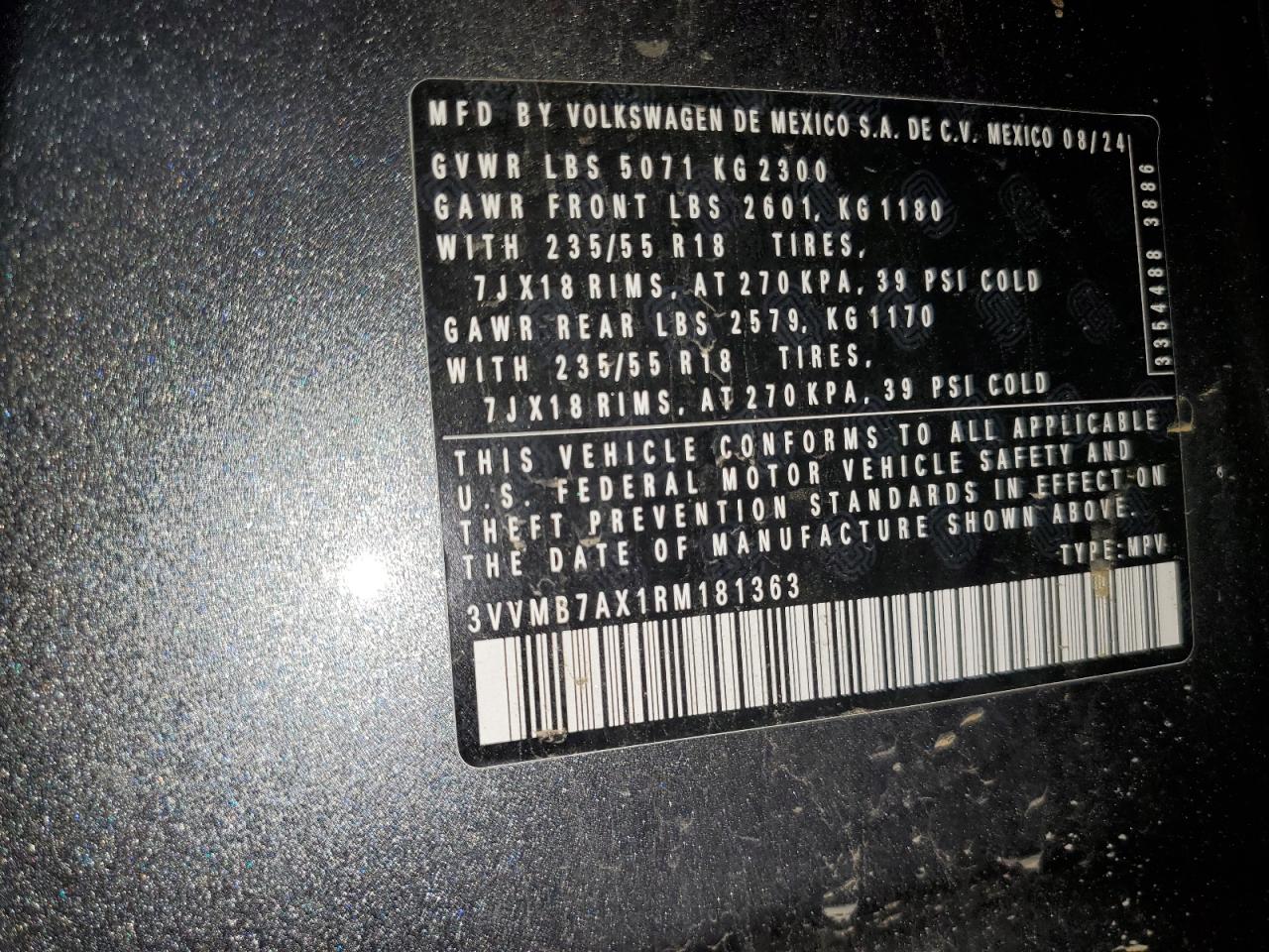 2024 Volkswagen Tiguan Se VIN: 3VVMB7AX1RM181363 Lot: 66954575