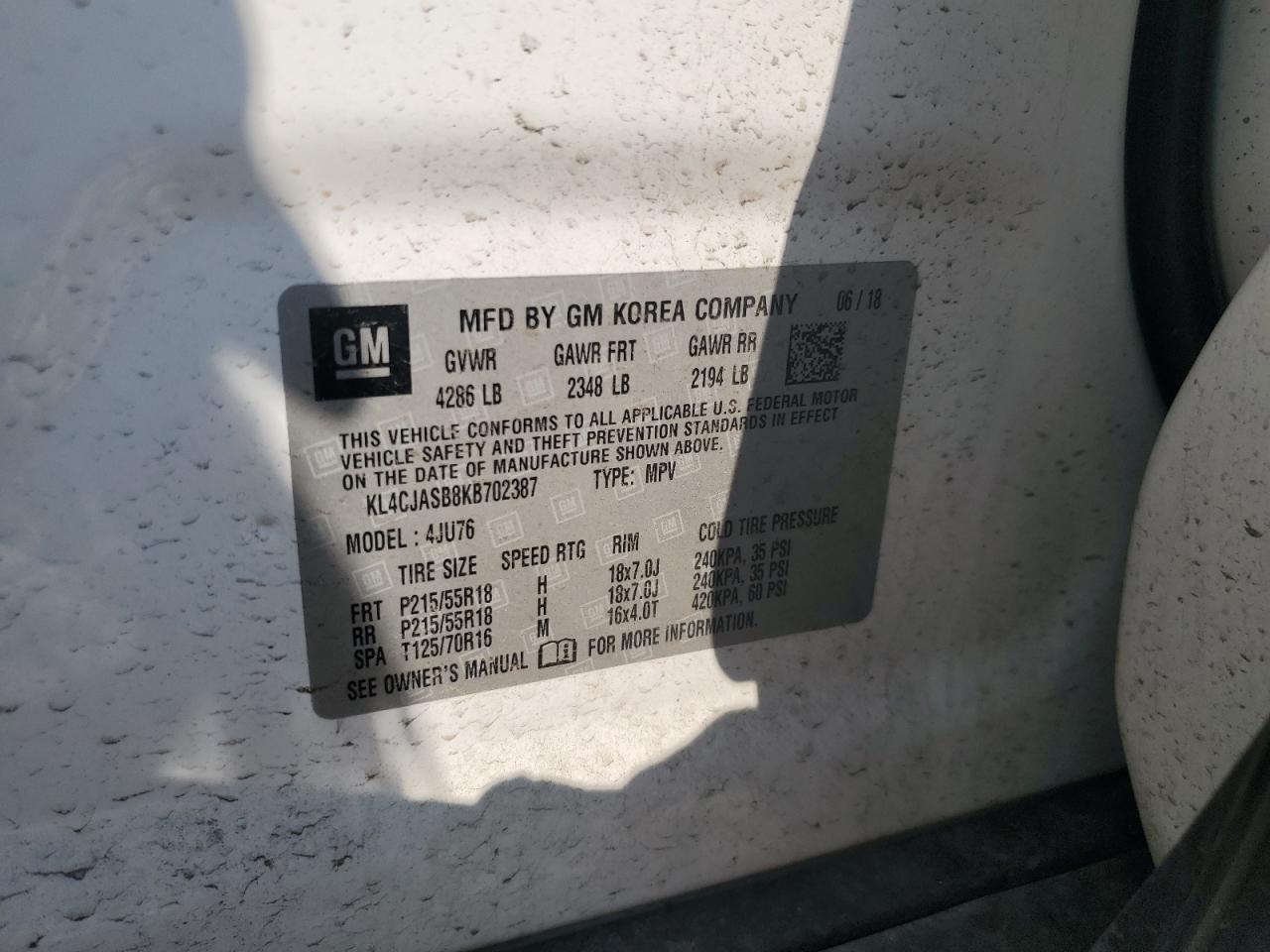 2019 Buick Encore Preferred VIN: KL4CJASB8KB702387 Lot: 63714915