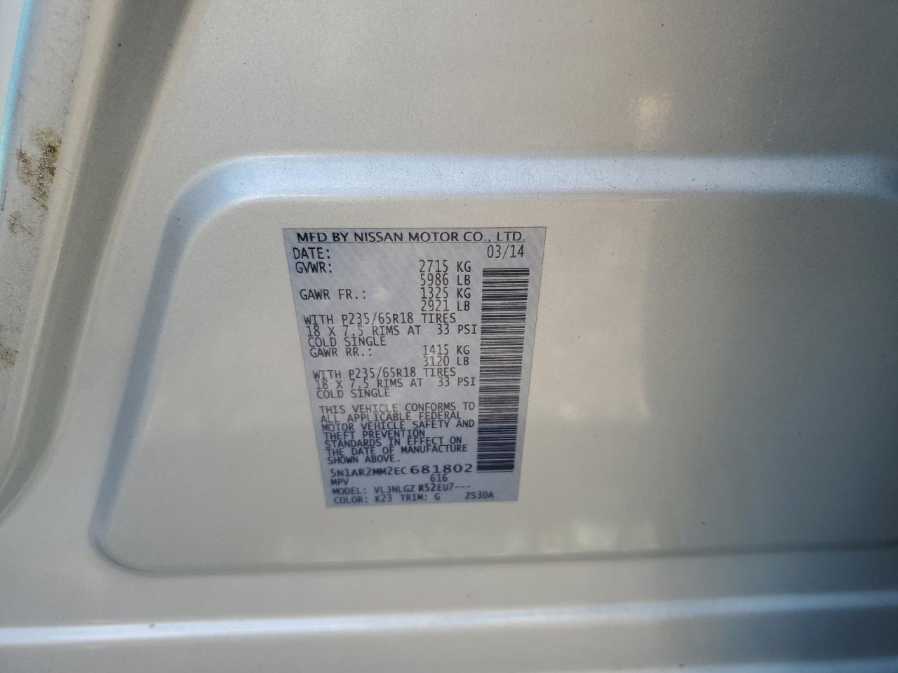 2014 Nissan Pathfinder S VIN: 5N1AR2MM2EC681802 Lot: 62920365