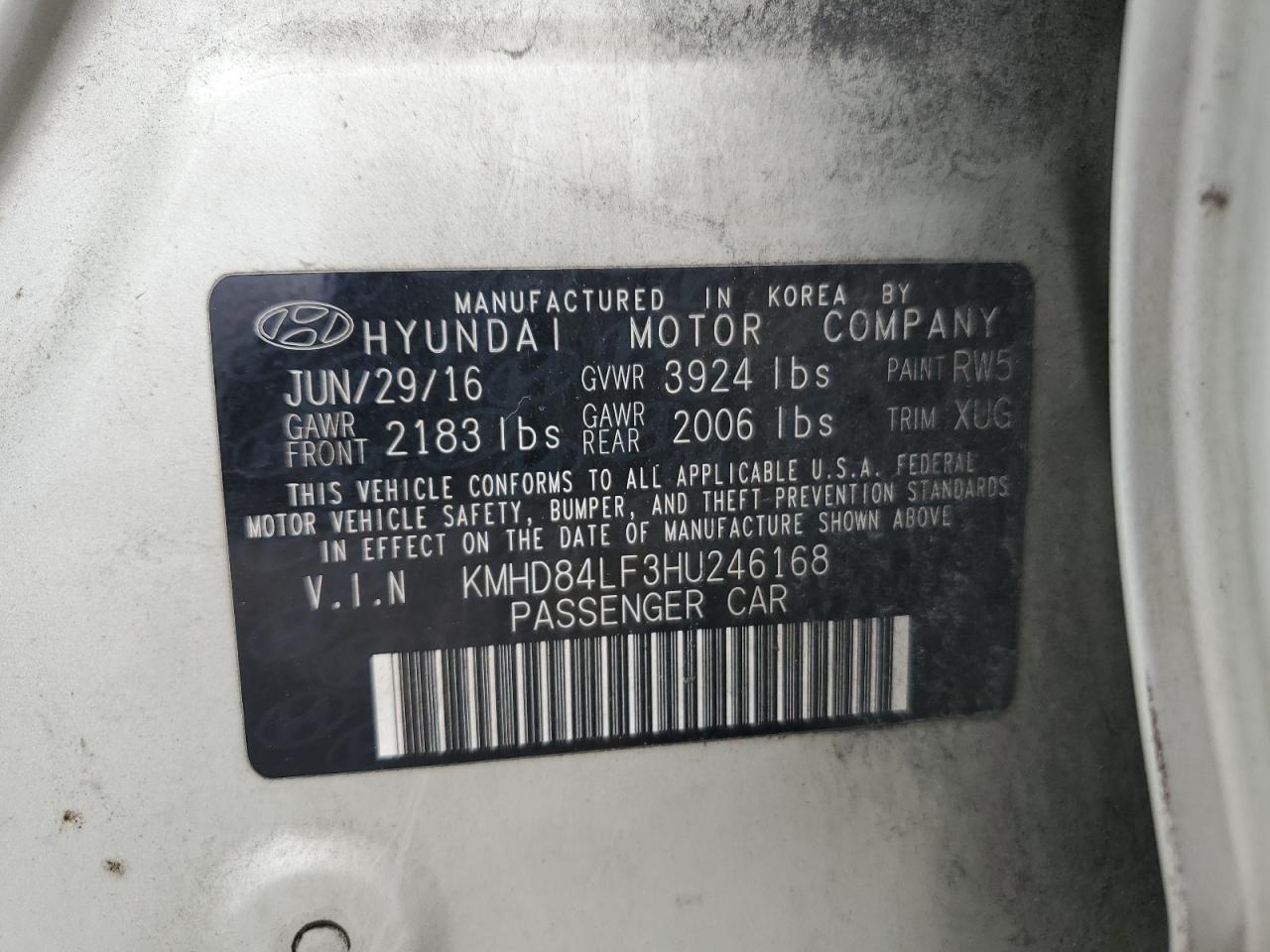 2017 Hyundai Elantra Se VIN: KMHD84LF3HU246168 Lot: 65134365