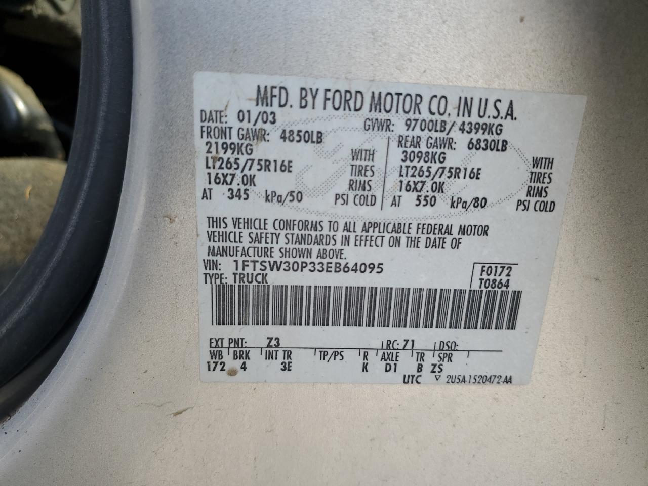 2003 Ford F350 Srw Super Duty VIN: 1FTSW30P33EB64095 Lot: 64755605