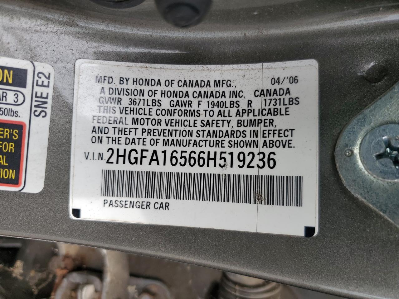 2006 Honda Civic Lx VIN: 2HGFA16566H519236 Lot: 65580395