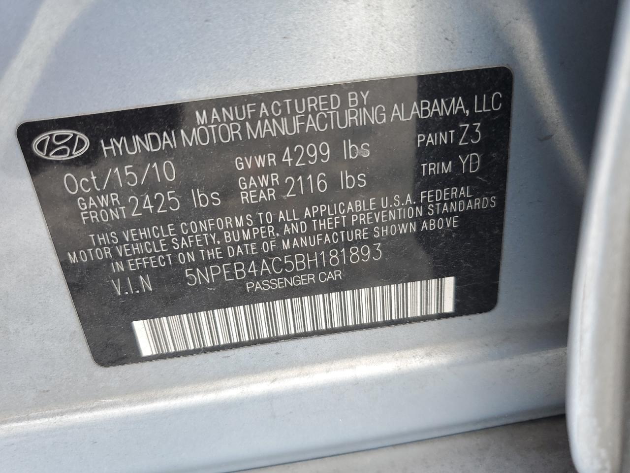 2011 Hyundai Sonata Gls VIN: 5NPEB4AC5BH181893 Lot: 65365785