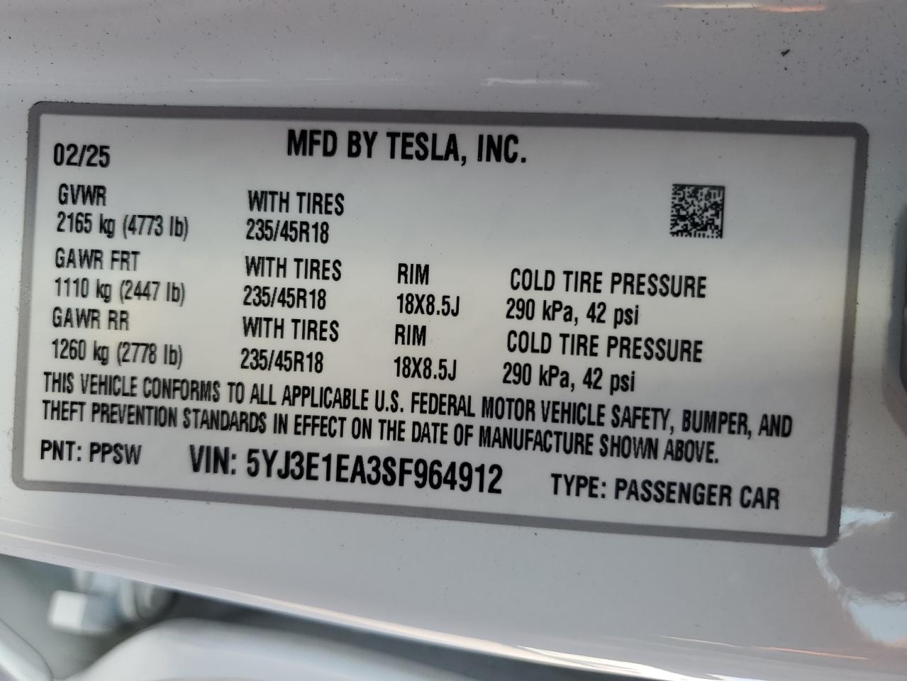 2025 Tesla Model 3 VIN: 5YJ3E1EA3SF964912 Lot: 64835925