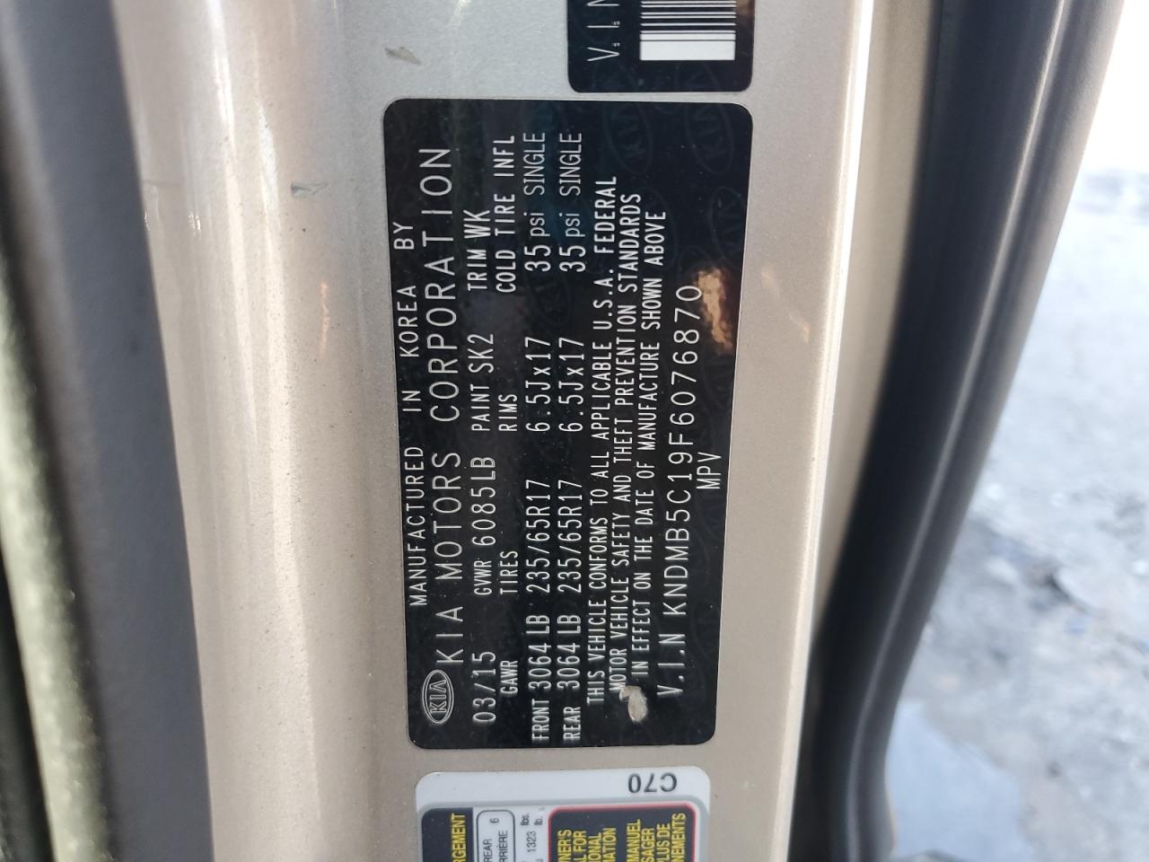 2015 Kia Sedona Lx VIN: KNDMB5C19F6076870 Lot: 63241005
