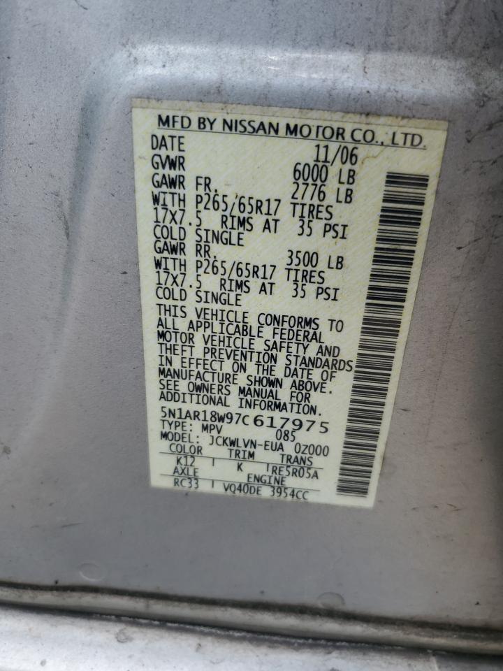 2007 Nissan Pathfinder Le VIN: 5N1AR18W97C617975 Lot: 62766385