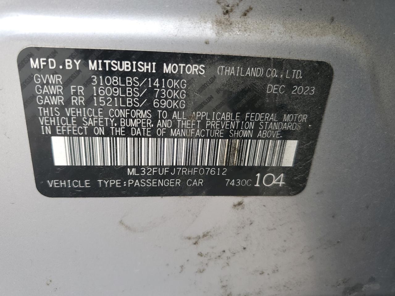 2024 Mitsubishi Mirage G4 Es VIN: ML32FUFJ7RHF07612 Lot: 65039525