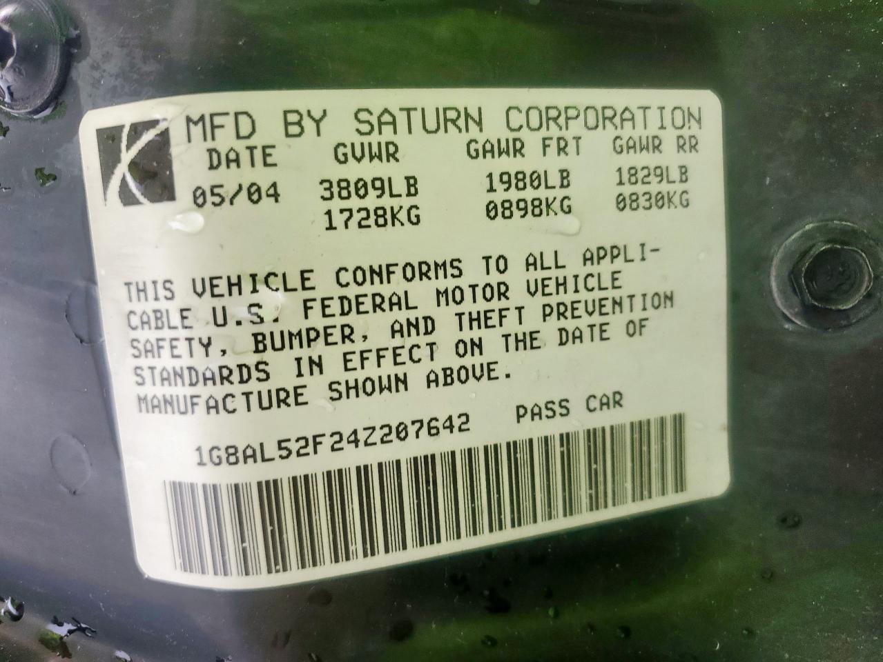 2004 Saturn Ion Level 3 VIN: 1G8AL52F24Z207642 Lot: 63876395