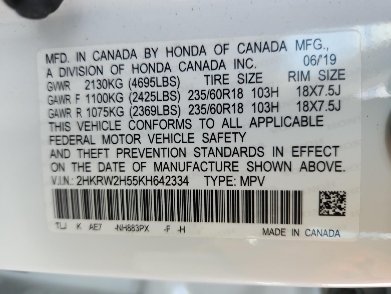 2019 Honda Cr-V Ex VIN: 2HKRW2H55KH642334 Lot: 65048795