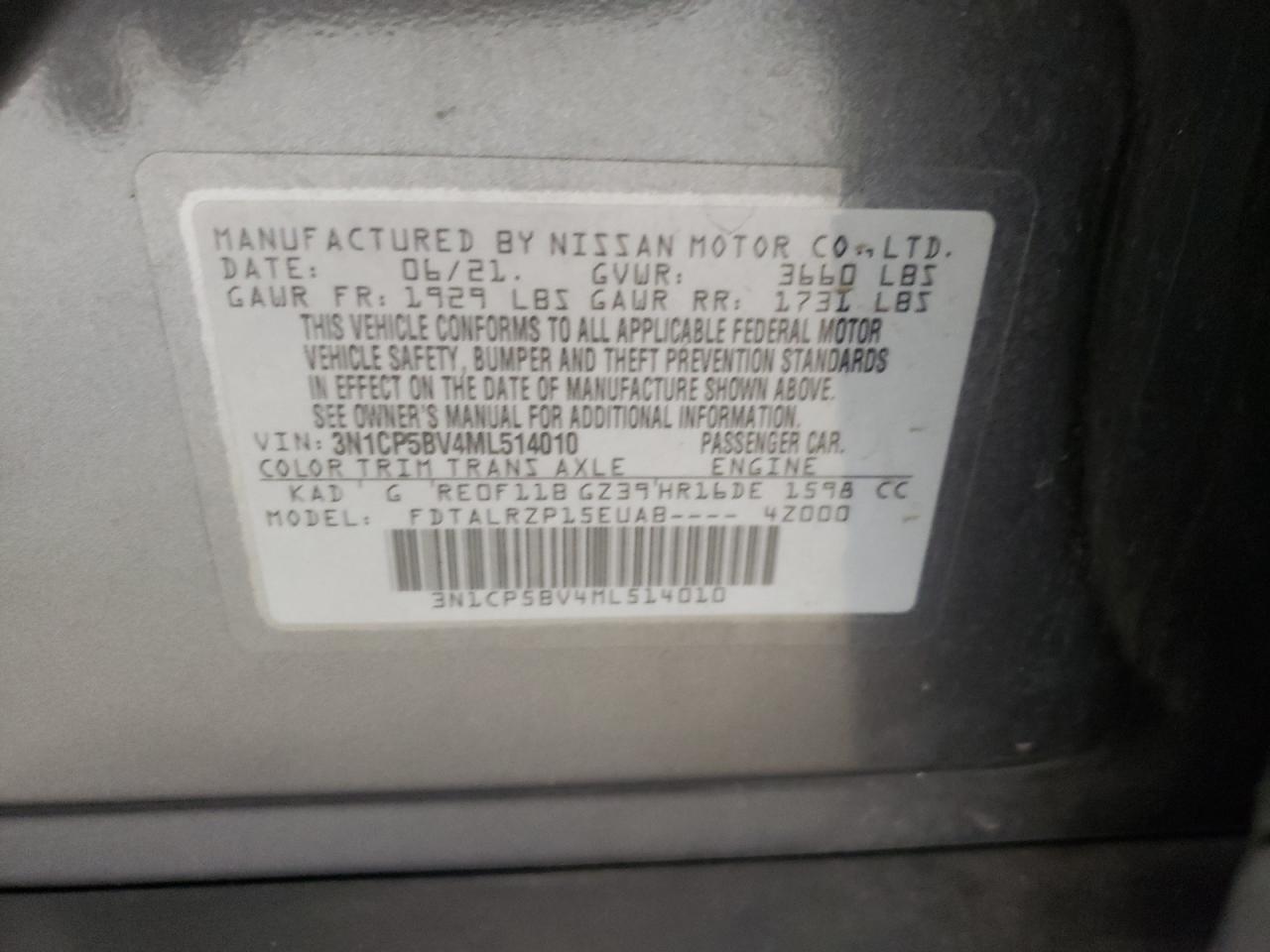 2021 Nissan Kicks S VIN: 3N1CP5BV4ML514010 Lot: 64328885