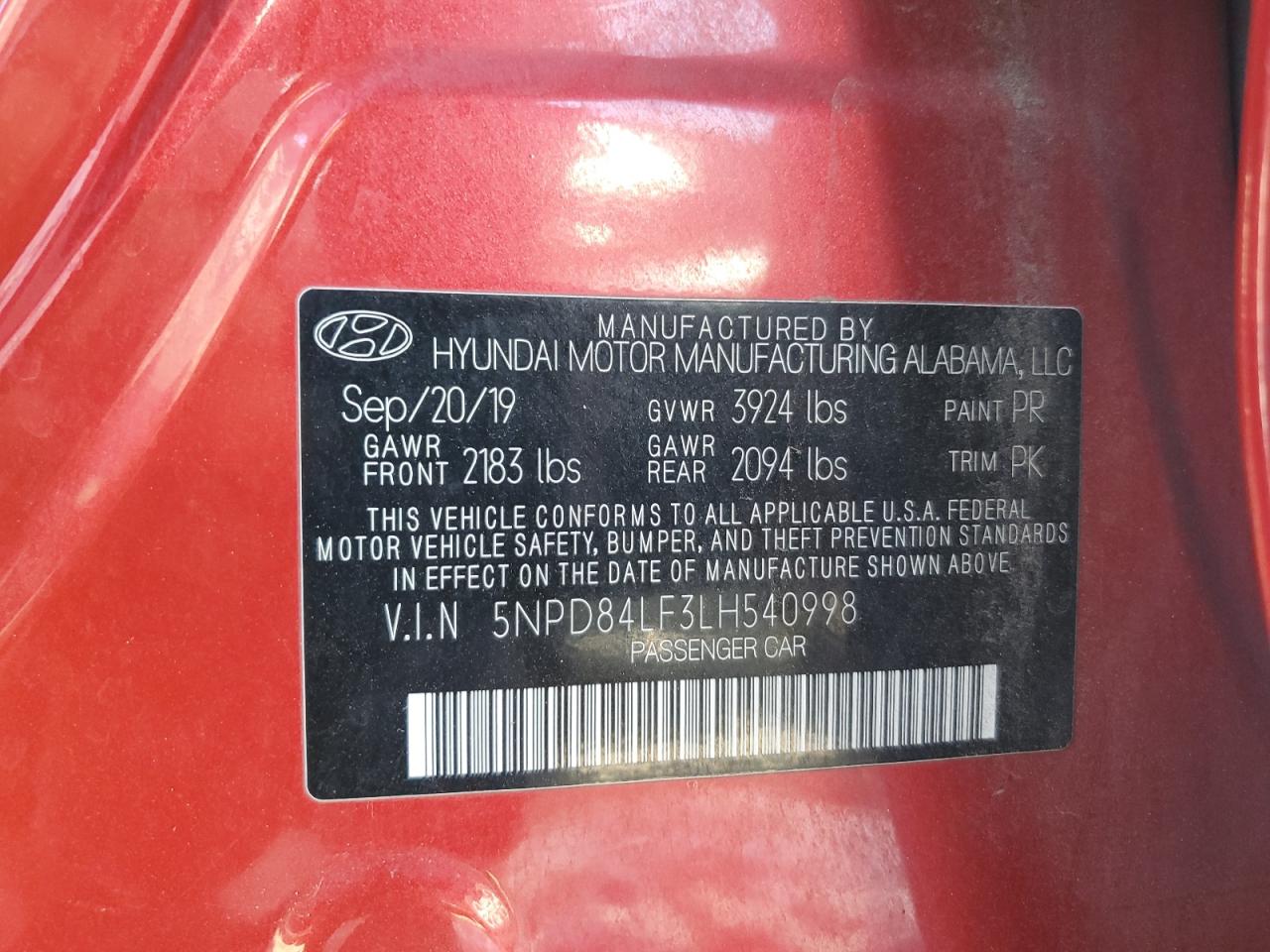 2020 Hyundai Elantra Sel VIN: 5NPD84LF3LH540998 Lot: 63042895