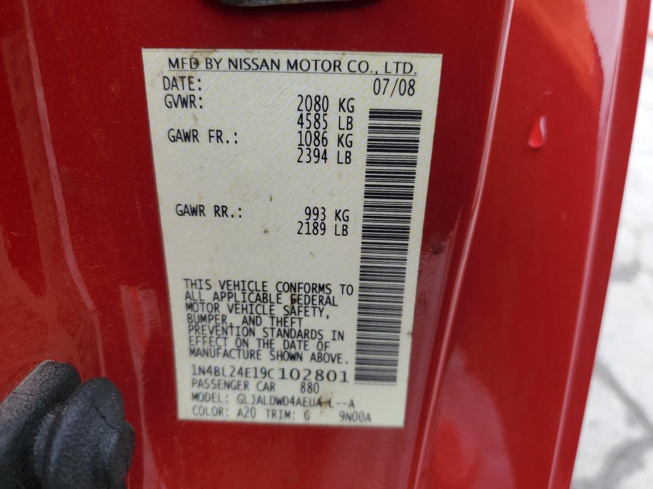 2009 Nissan Altima 3.5Se VIN: 1N4BL24E19C102801 Lot: 63199985