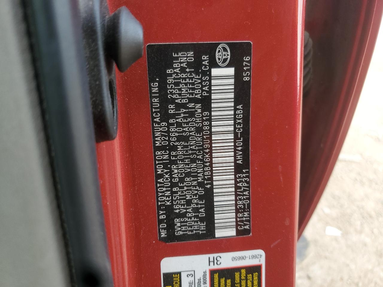 2009 Toyota Camry Hybrid VIN: 4T1BB46K49U108819 Lot: 65962245