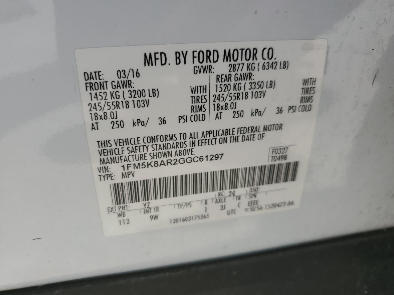 2016 Ford Explorer Police Interceptor VIN: 1FM5K8AR2GGC61297 Lot: 60953455