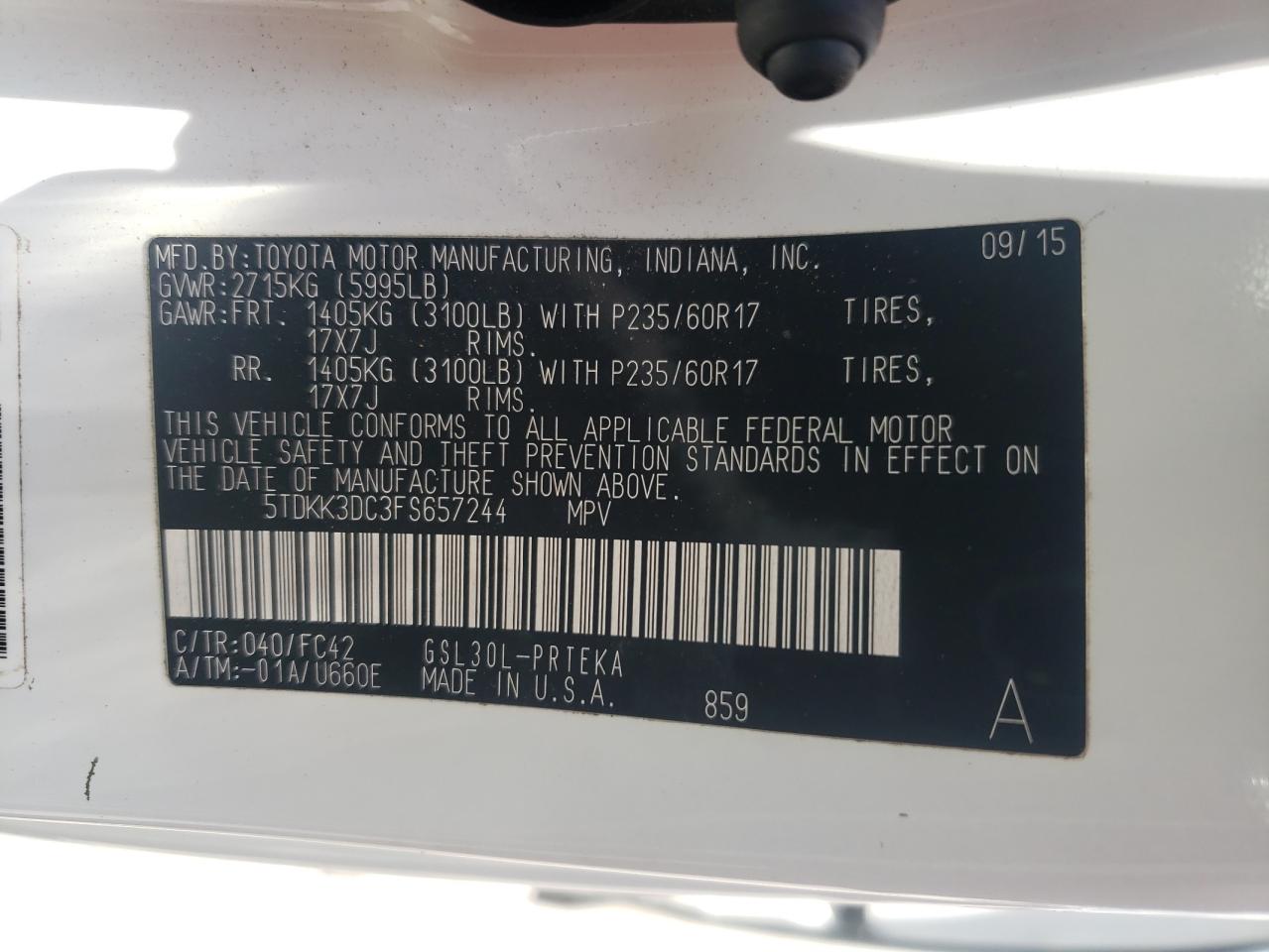 2015 Toyota Sienna Le VIN: 5TDKK3DC3FS657244 Lot: 65116565
