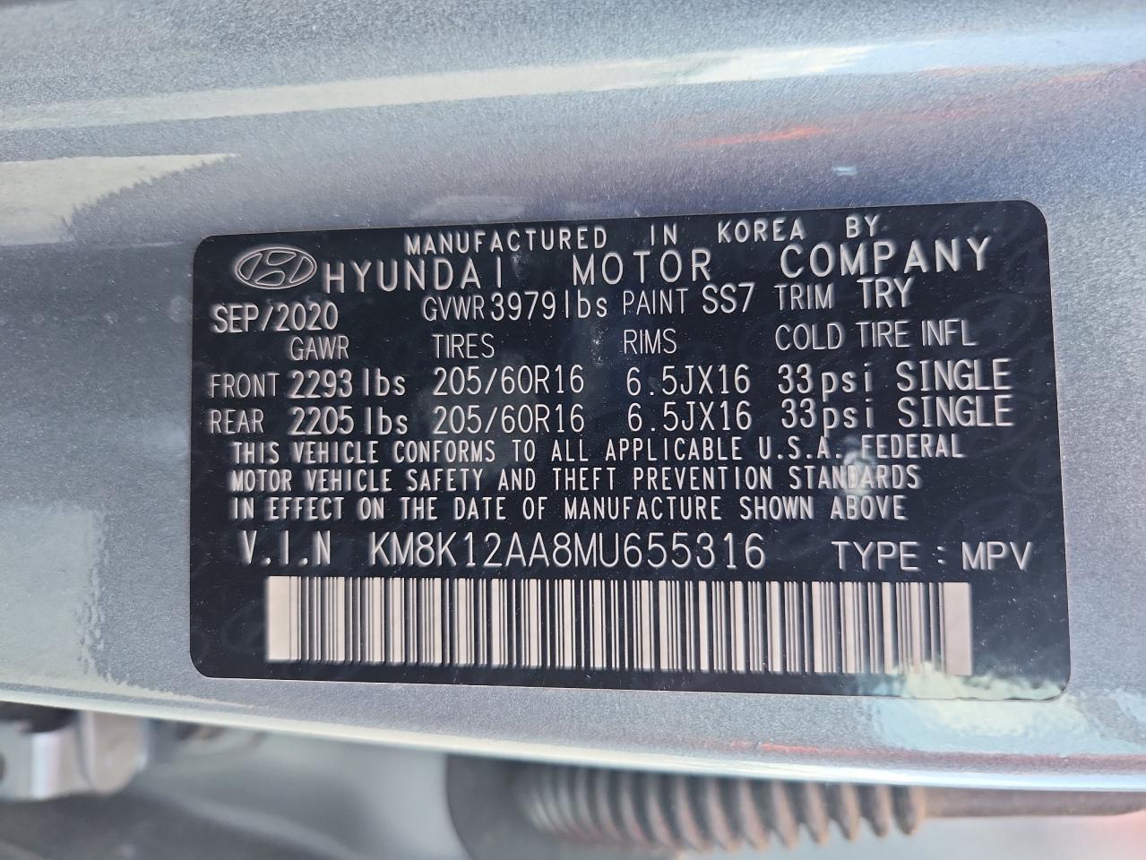 2021 Hyundai Kona Se VIN: KM8K12AA8MU655316 Lot: 65474645