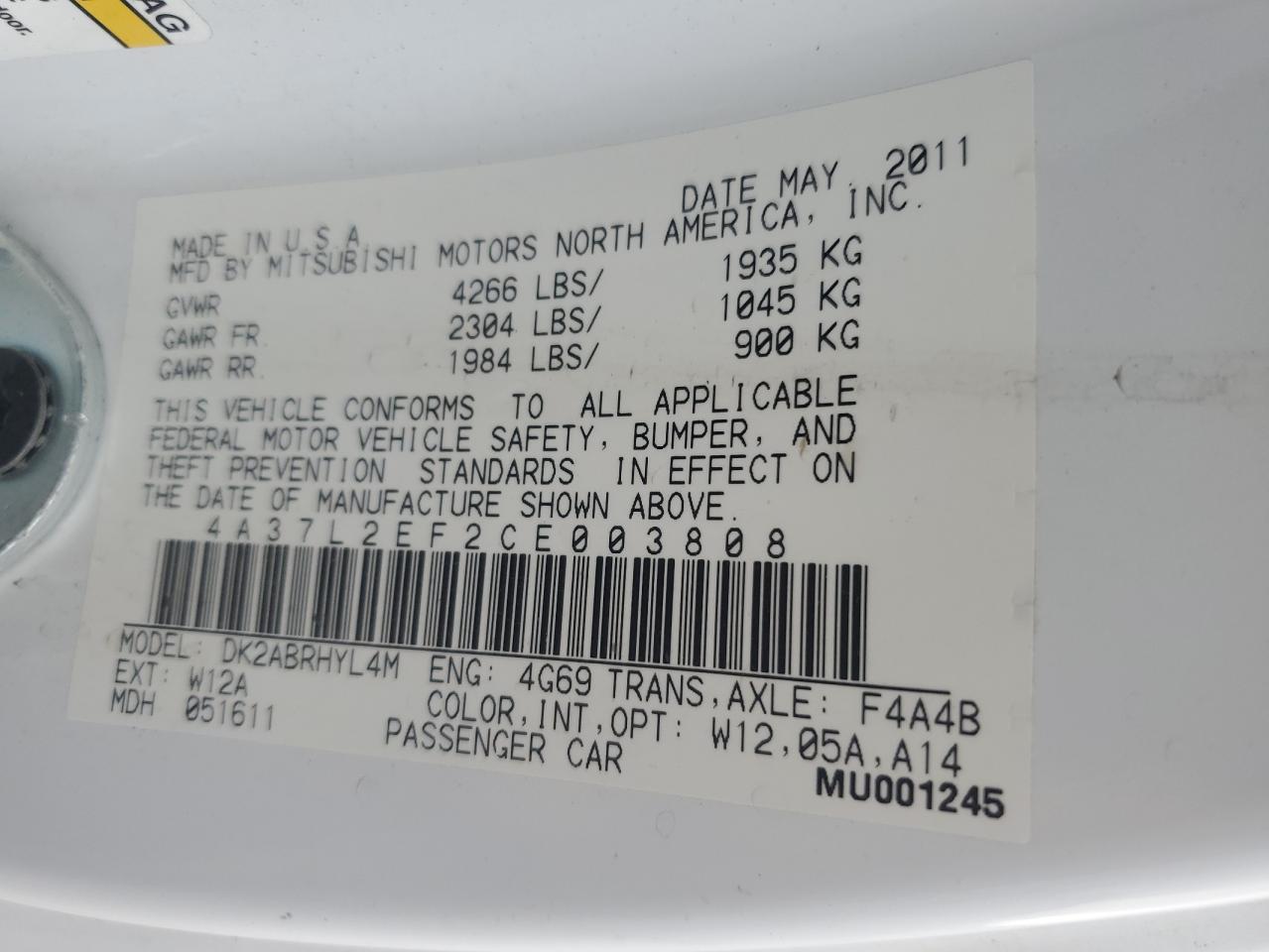 2012 Mitsubishi Eclipse Spyder Gs VIN: 4A37L2EF2CE003808 Lot: 63674575