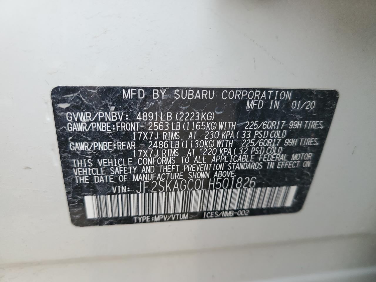 2020 Subaru Forester Premium VIN: JF2SKAGC0LH501826 Lot: 65544605