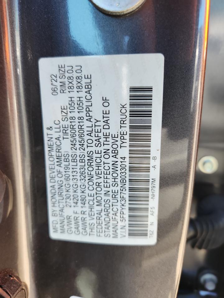 2022 Honda Ridgeline Rtl VIN: 5FPYK3F75NB033014 Lot: 62273335