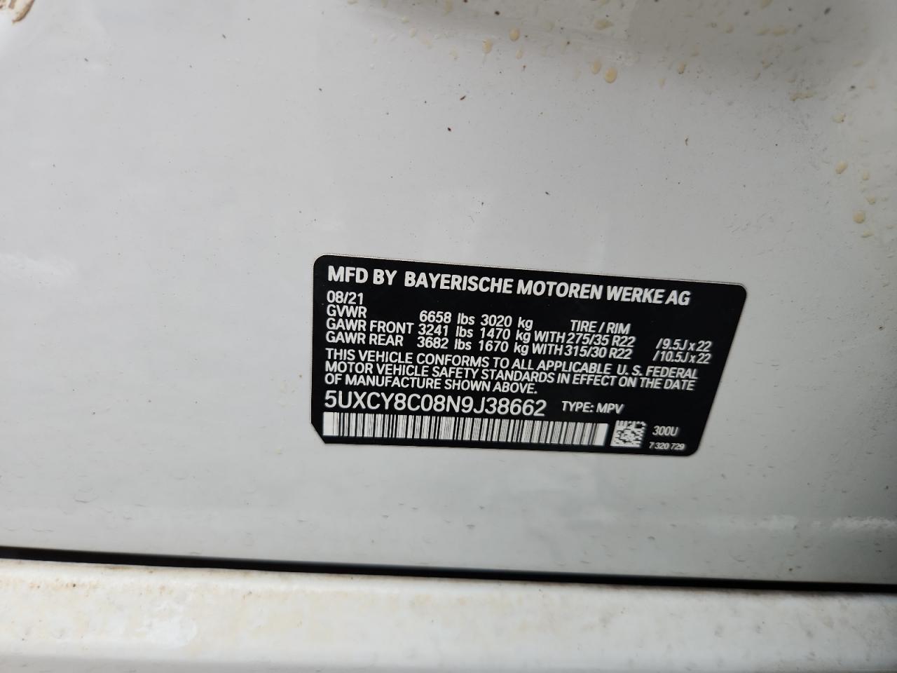 2022 BMW X6 M50I VIN: 5UXCY8C08N9J38662 Lot: 64292765