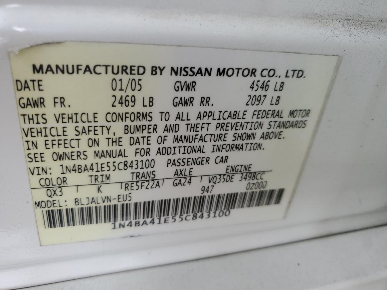 2005 Nissan Maxima Se VIN: 1N4BA41E55C843100 Lot: 64646645