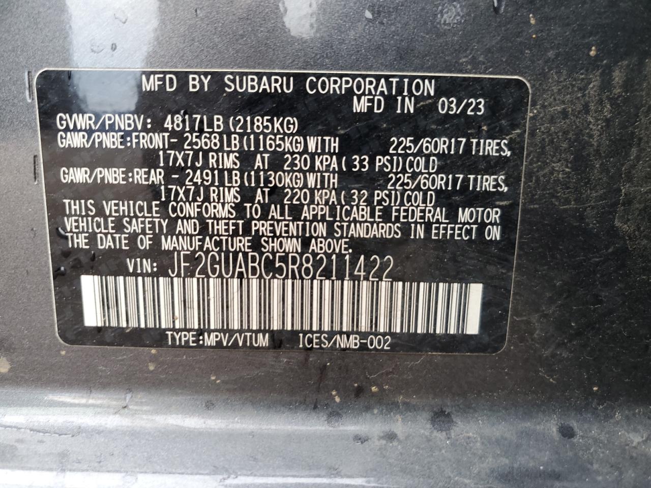 2024 Subaru Crosstrek VIN: JF2GUABC5R8211422 Lot: 64616545