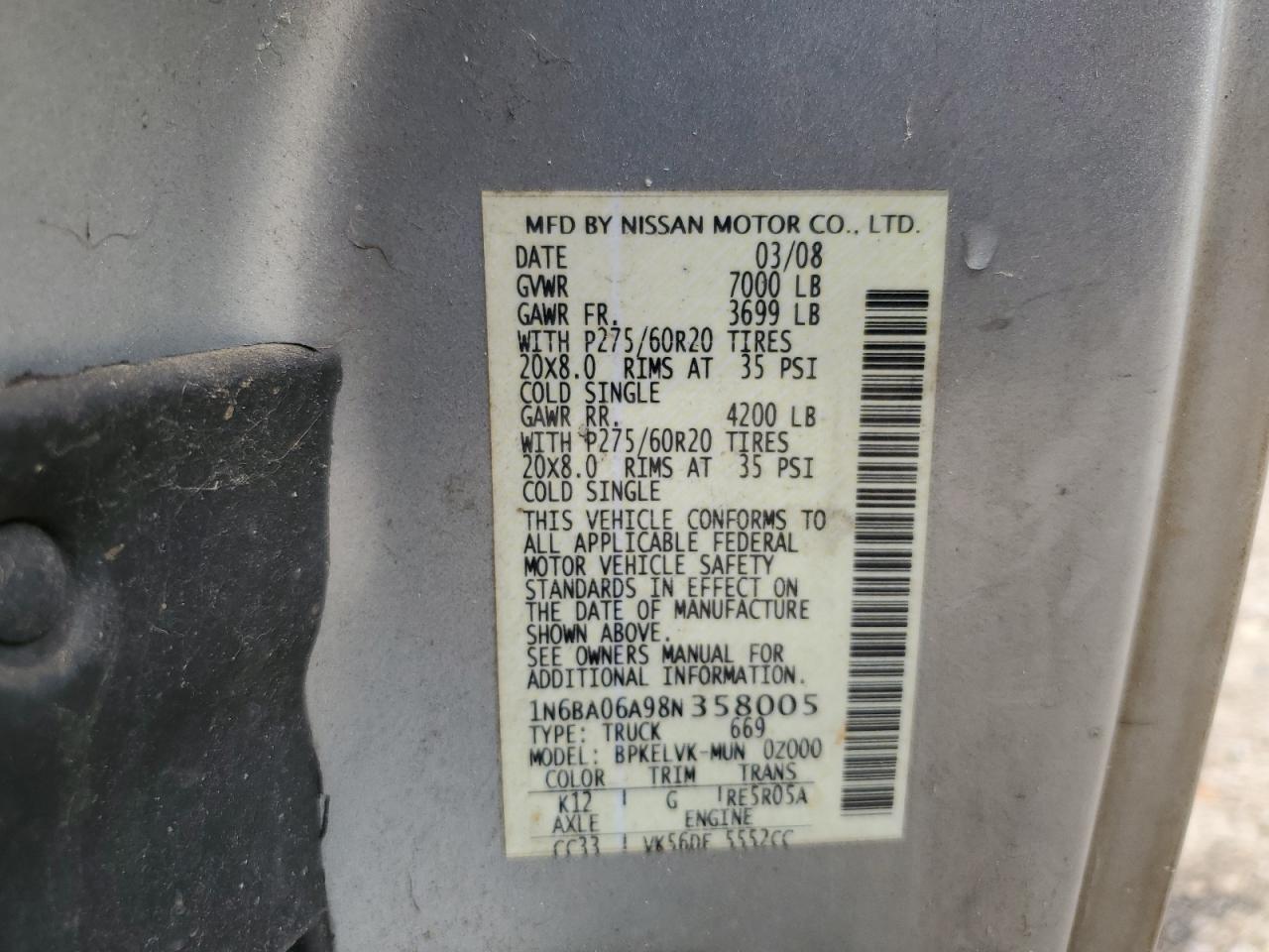 2008 Nissan Titan Xe VIN: 1N6BA06A98N358005 Lot: 64083435
