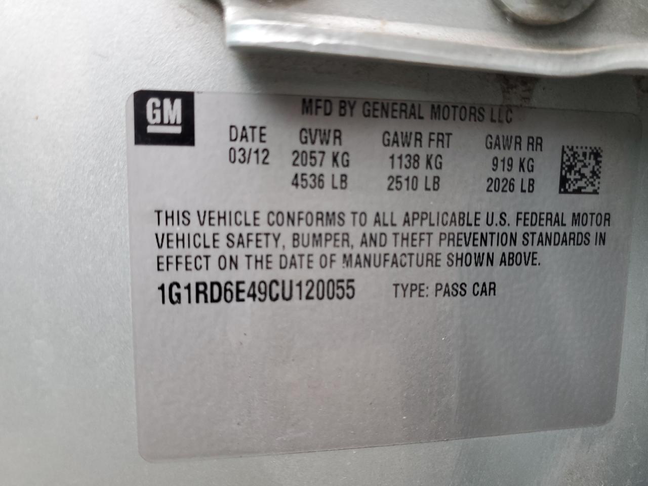 2012 Chevrolet Volt VIN: 1G1RD6E49CU120055 Lot: 63923755