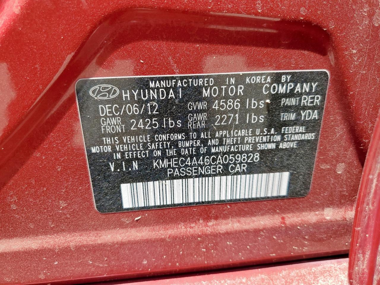 2012 Hyundai Sonata Hybrid VIN: KMHEC4A46CA059828 Lot: 64898975