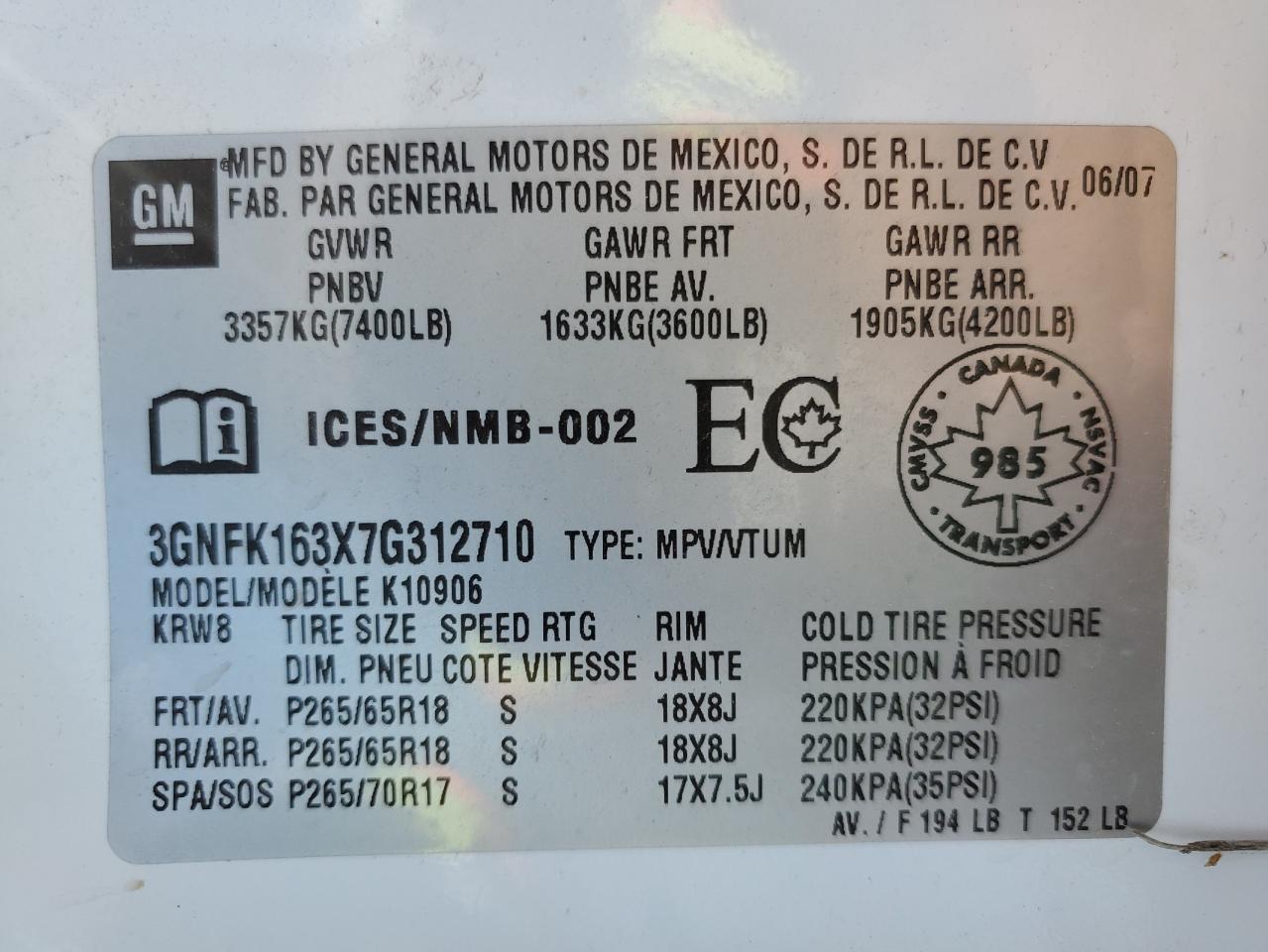 2007 Chevrolet Suburban K1500 VIN: 3GNFK163X7G312710 Lot: 63247475