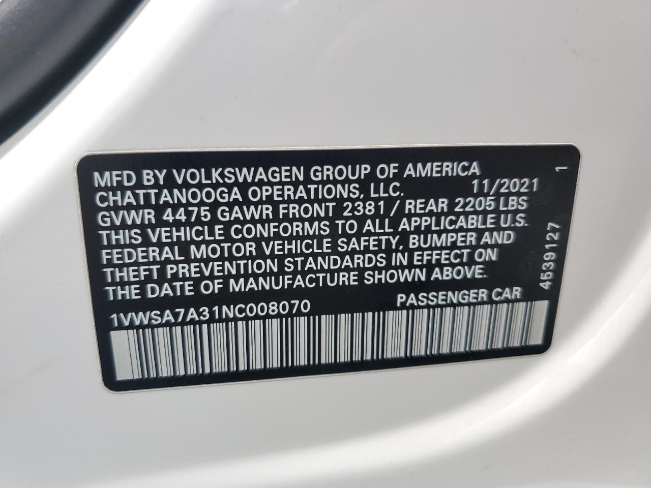 2022 Volkswagen Passat Se VIN: 1VWSA7A31NC008070 Lot: 64618275