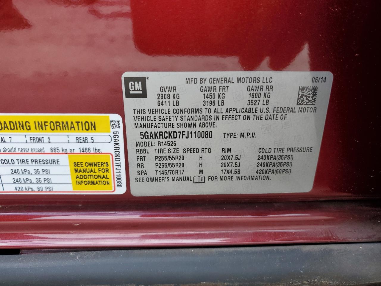 2015 Buick Enclave VIN: 5GAKRCKD7FJ110080 Lot: 65118625
