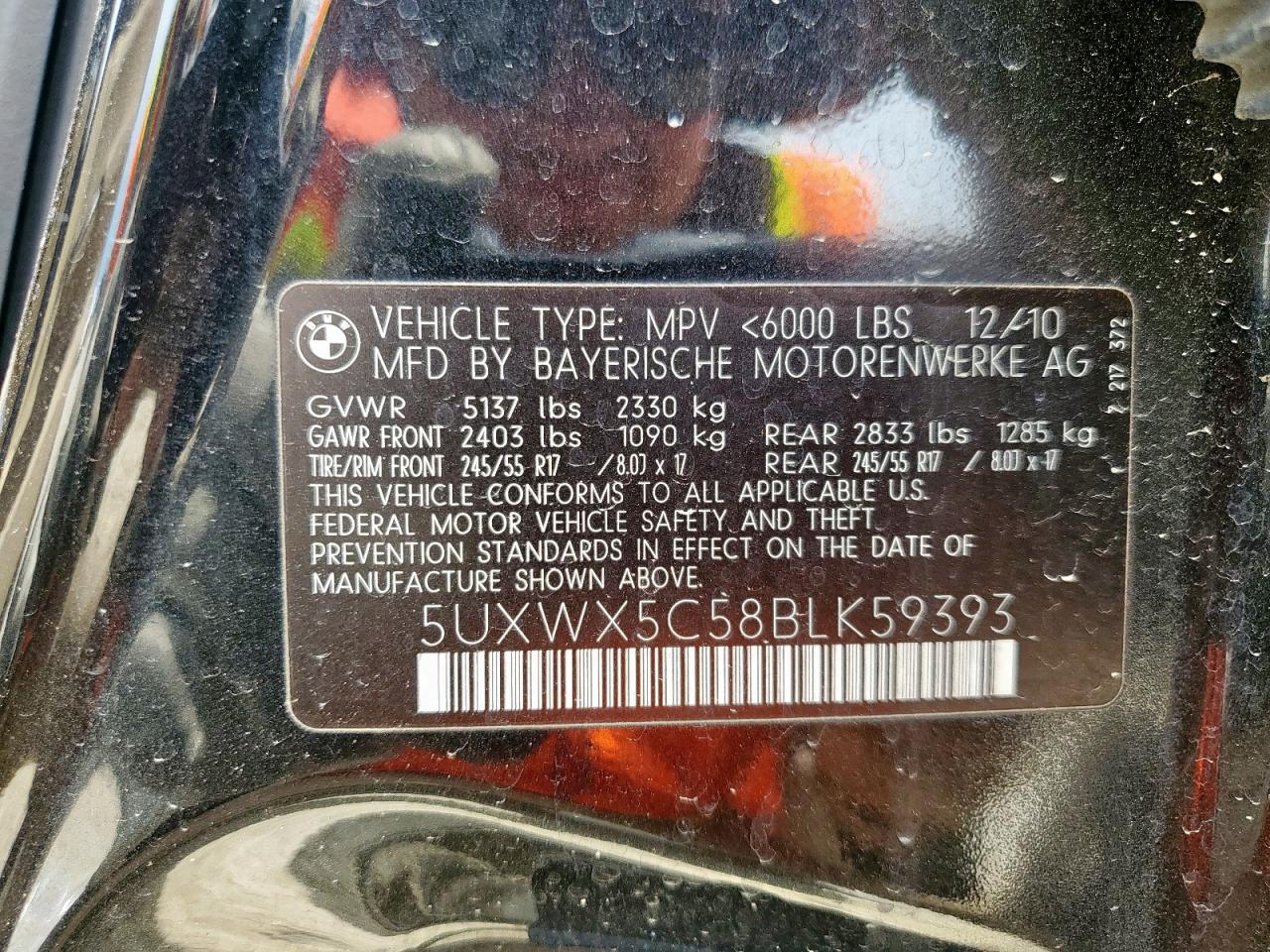 2011 BMW X3 xDrive28I VIN: 5UXWX5C58BLK59393 Lot: 64048475