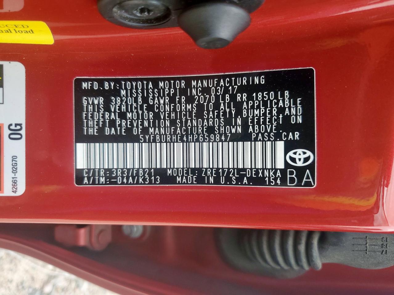 2017 Toyota Corolla L VIN: 5YFBURHE4HP659847 Lot: 65617575
