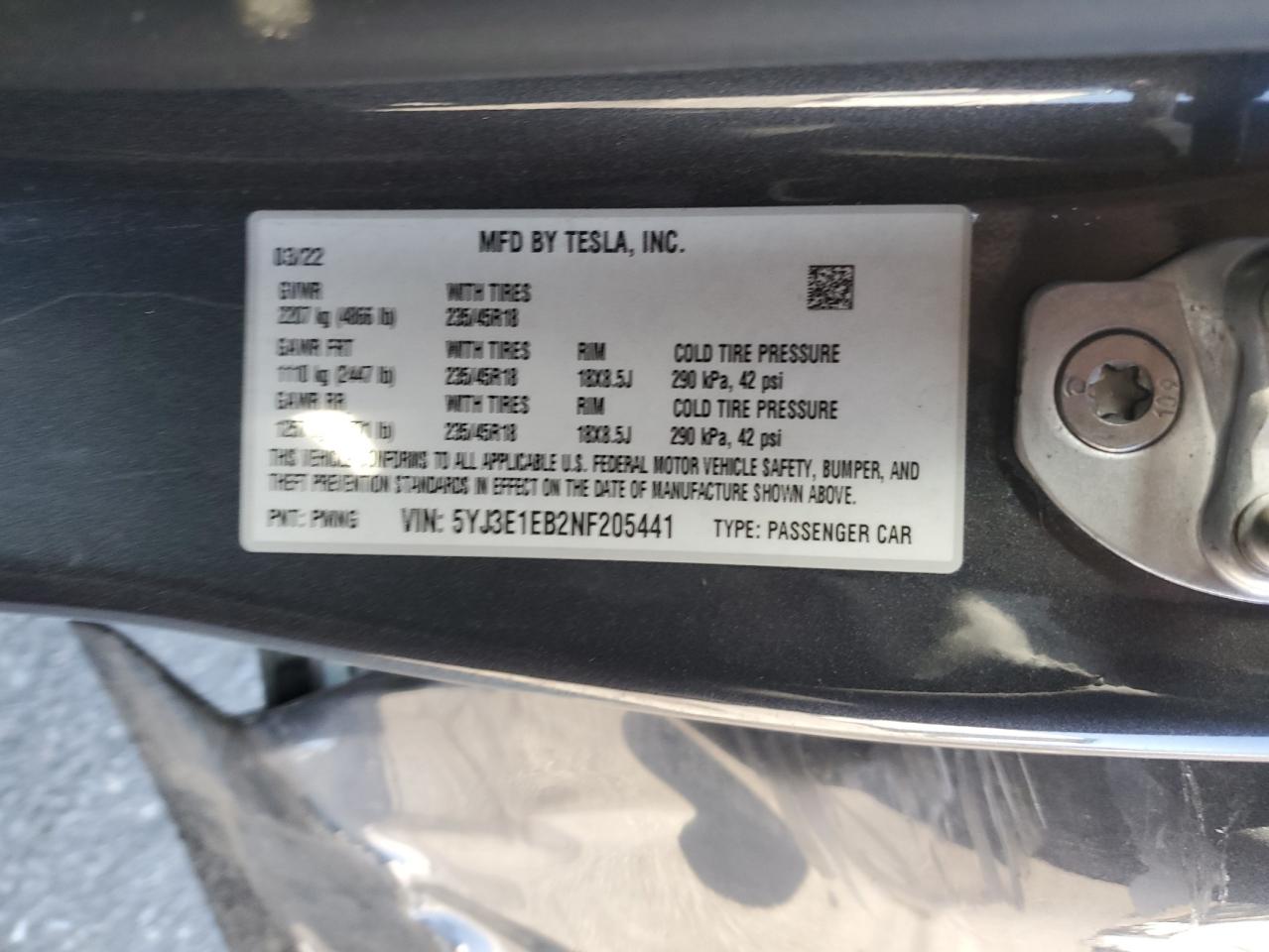 2022 Tesla Model 3 VIN: 5YJ3E1EB2NF205441 Lot: 63665535