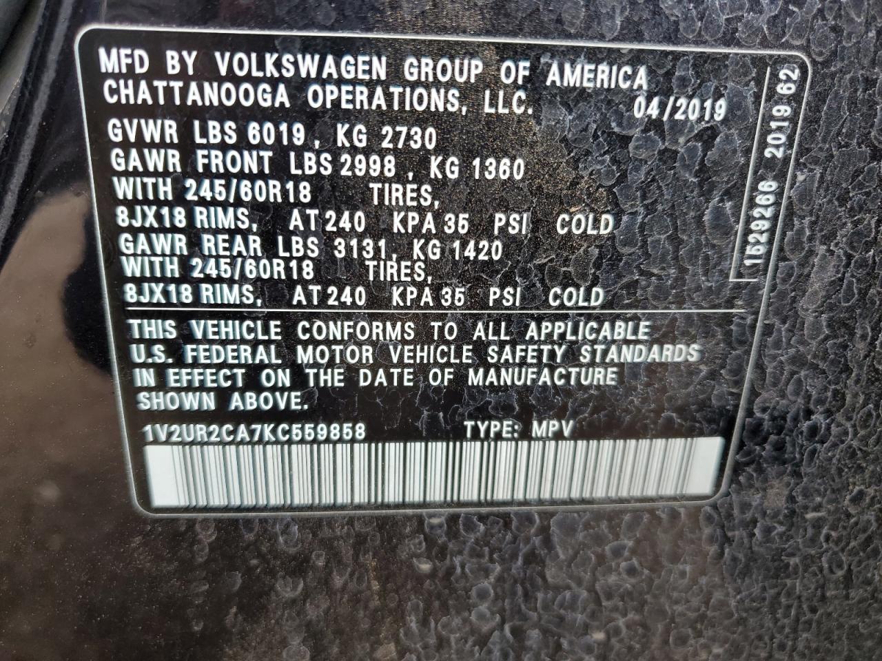 2019 Volkswagen Atlas Se VIN: 1V2UR2CA7KC559858 Lot: 62928755