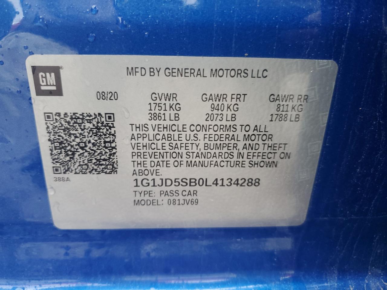 2020 Chevrolet Sonic Lt VIN: 1G1JD5SB0L4134288 Lot: 65715395