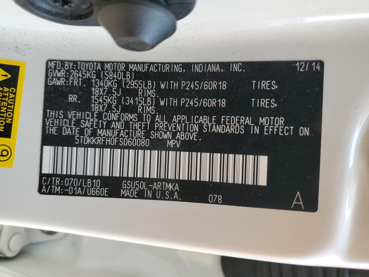 2015 Toyota Highlander Xle VIN: 5TDKKRFH0FS060080 Lot: 67065315