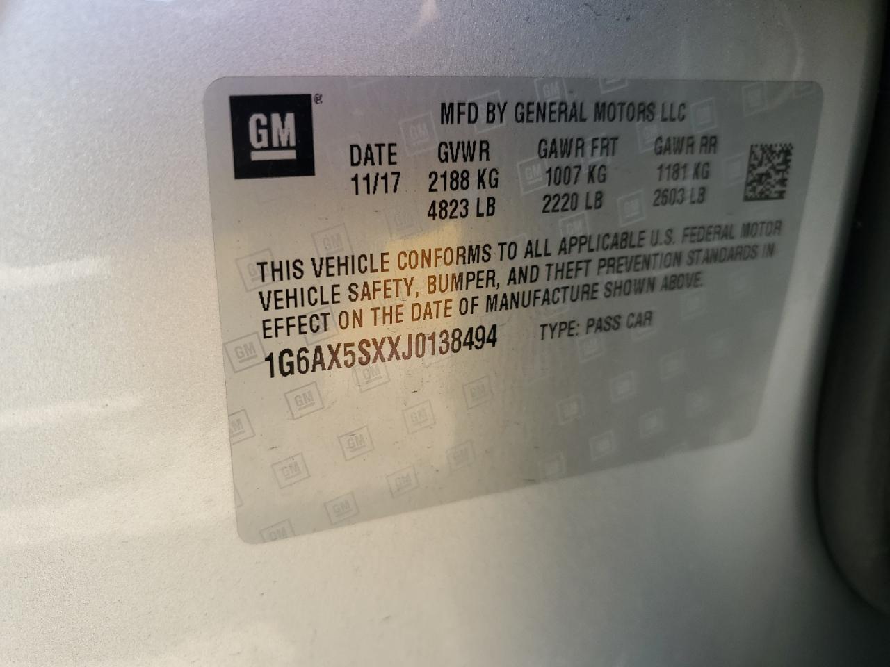 2018 Cadillac Cts Luxury VIN: 1G6AX5SXXJ0138494 Lot: 63773185