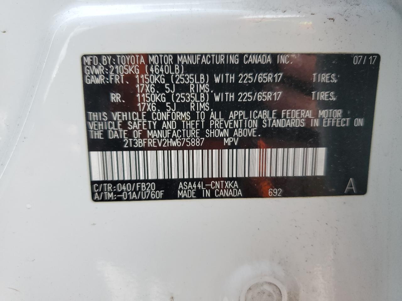 2017 Toyota Rav4 Le VIN: 2T3BFREV2HW675887 Lot: 64027255