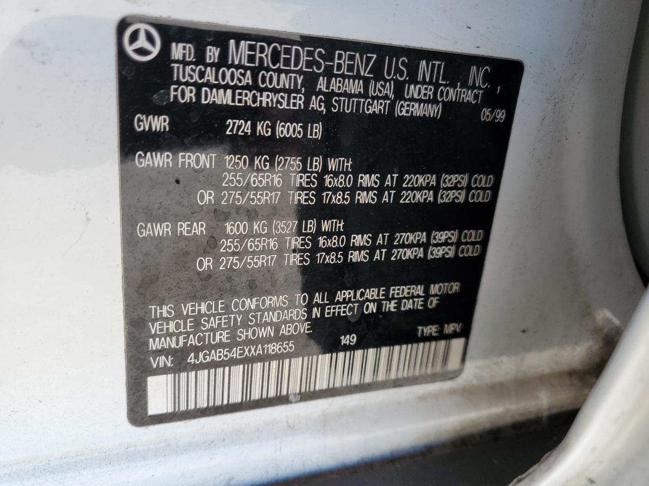 1999 Mercedes-Benz Ml 320 VIN: 4JGAB54EXXA118655 Lot: 63286835