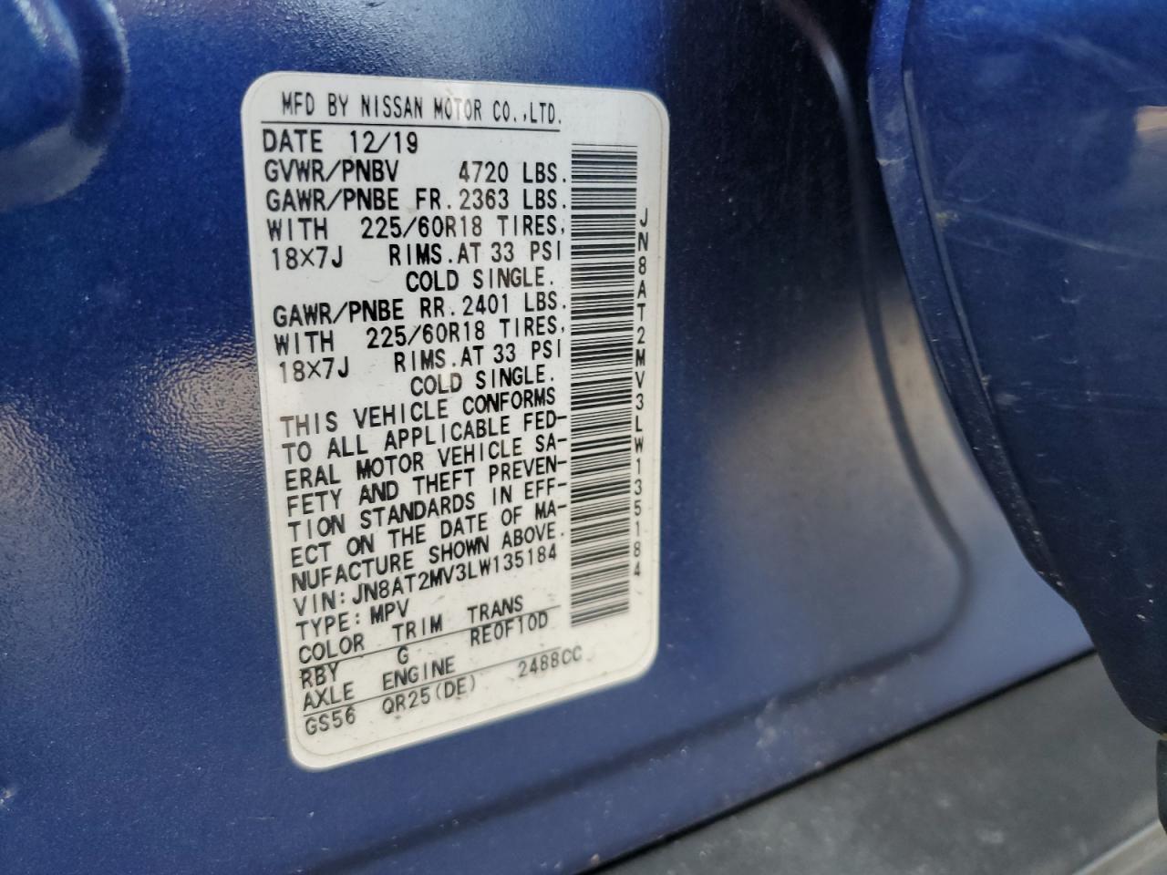 JN8AT2MV3LW135184 2020 Nissan Rogue S