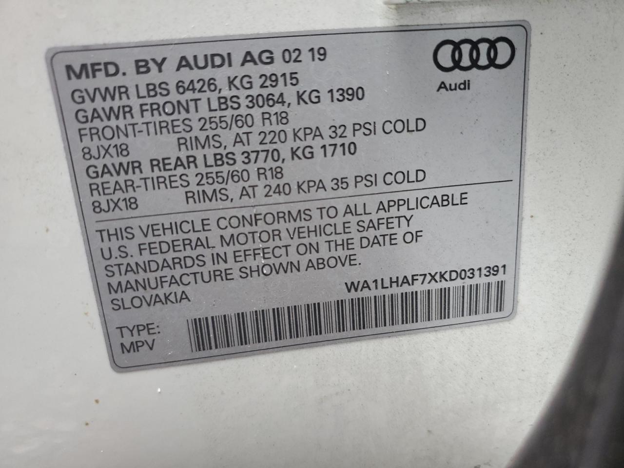 2019 Audi Q7 Premium Plus VIN: WA1LHAF7XKD031391 Lot: 62125075