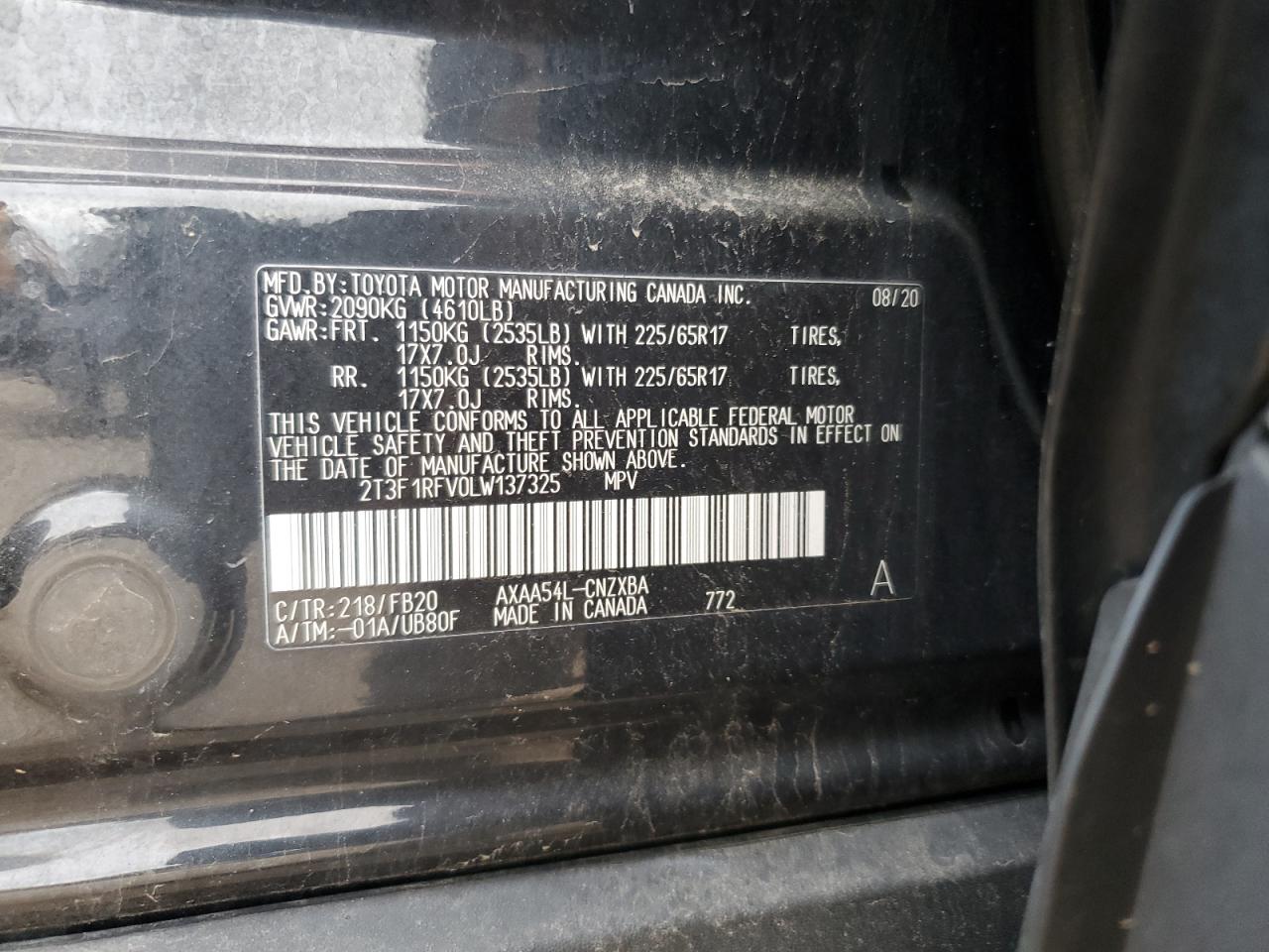 2020 Toyota Rav4 Le VIN: 2T3F1RFV0LW137325 Lot: 64786405