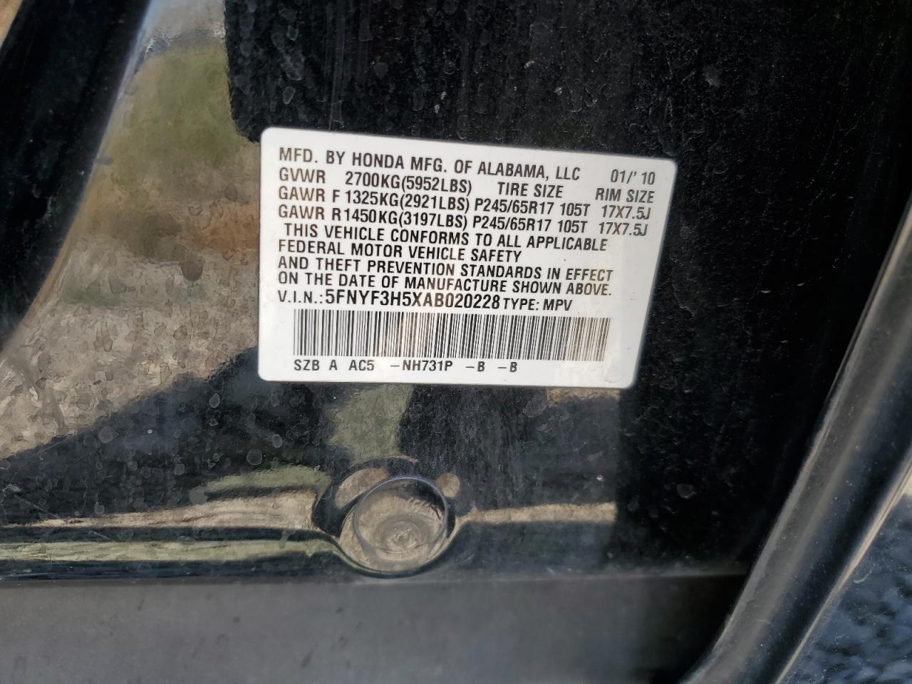 2010 Honda Pilot Exl VIN: 5FNYF3H5XAB020228 Lot: 64815355