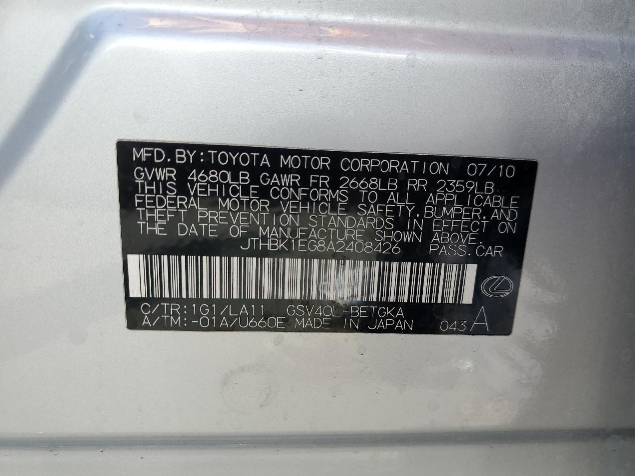 jthbk1eg8a2408426 JTHBK1EG8A2408426 2010 Lexus Es 350