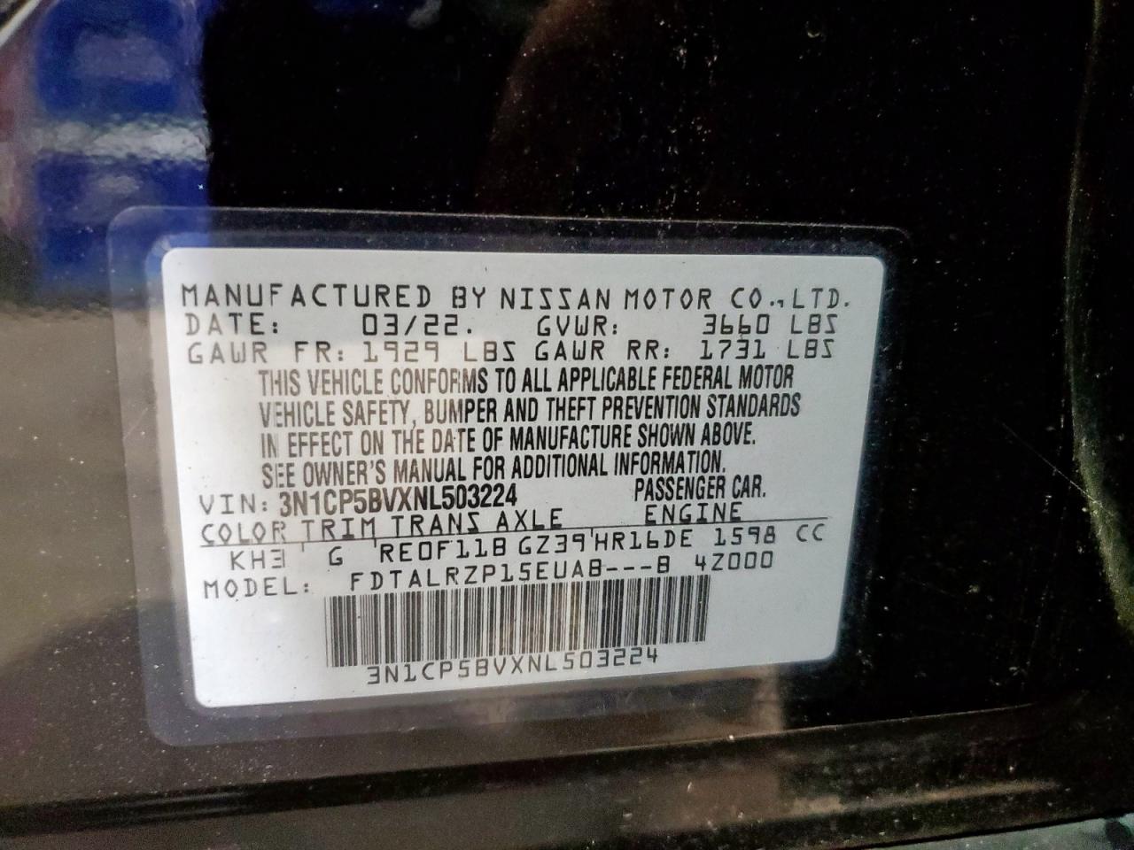2022 Nissan Kicks S VIN: 3N1CP5BVXNL503224 Lot: 65277855